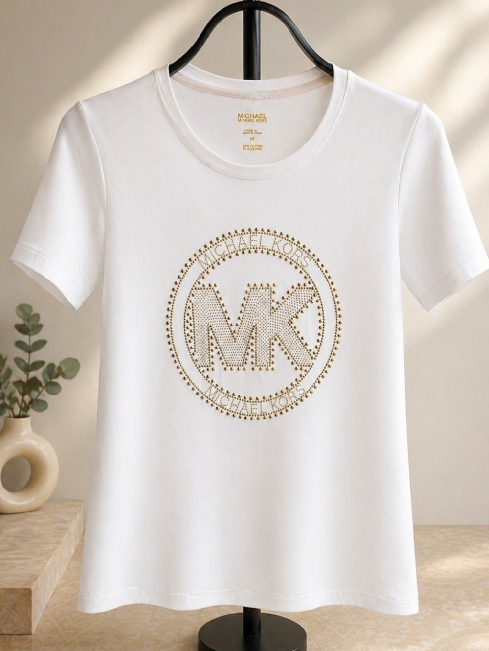 Michael Kors White Short-Sleeve Logo Tee with Gold Stud Detail